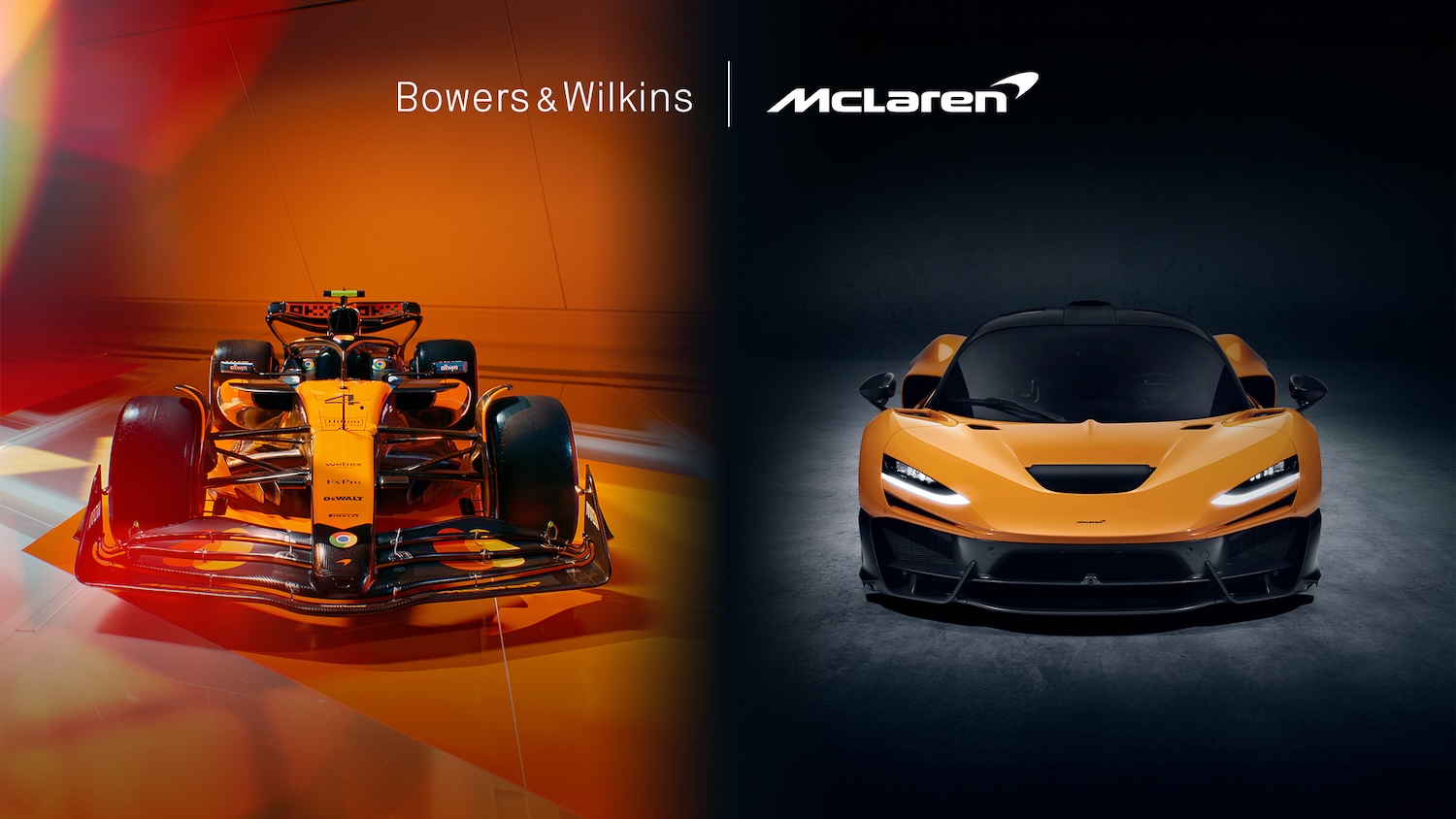 McLaren Formula 1 car and road car with Bowers & Wilkins partnership branding